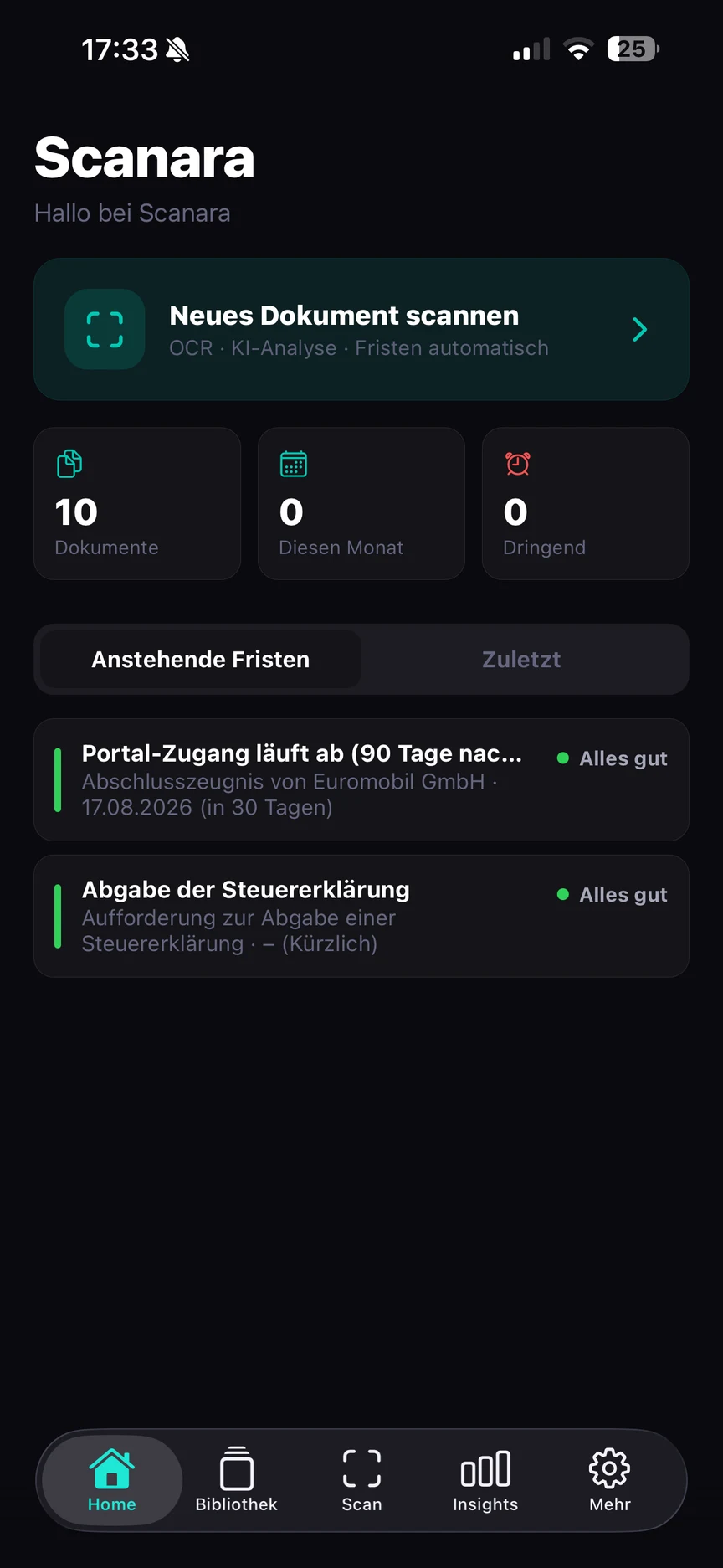 Scanara-App: Startbildschirm mit Dokumenten-Scan und anstehenden Fristen